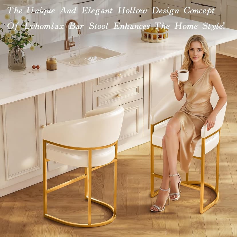 Modern Counter Height Bar Stools,Bar Stools Set of 3,PU Leather Upholstered Barrel Barstools with Backs,26" Kitchen Island Chairs,Metal Gold Frames,Beige White Leather