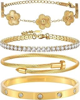 18K Gold Plated Bangle Bracelet Set for Women Stackable Lucky Floral Adjustable Tennis Bracelet Non Tarnish Gift Jewelry for Christmas Valentines Birthday Mother's Day B0FH8ZYLJL