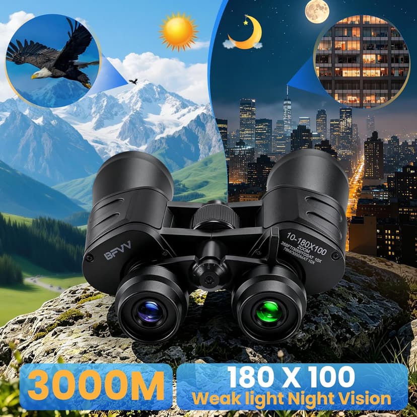 10-180x100 Zoom Binoculars for Adults, Day/Low Light Night Vision High Powered Binoculars with BAK4 & FMC Lens, Waterproof Fogproof for Hunting Birdwatching Travel Sports Concerts Gift for Men