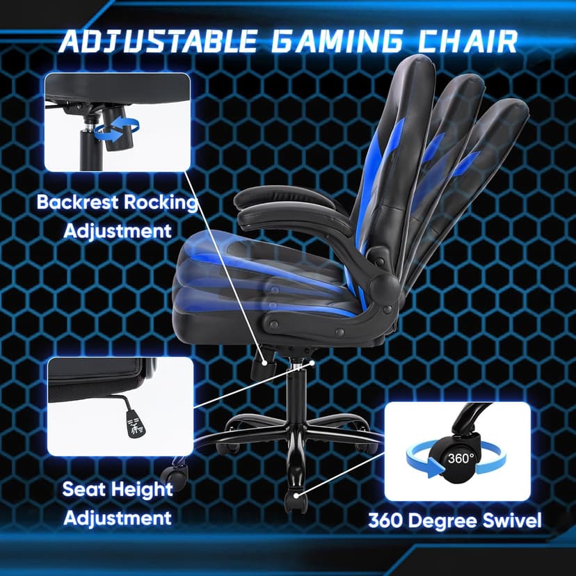 OLIXIS Computer Gaming Chair - PU Leather Ergonomic Lumbar Support with Flip-up Armrest and 360° Swivel Wheels, Height Adjustable Task Home Office Desk Video Racing, Black and Blue