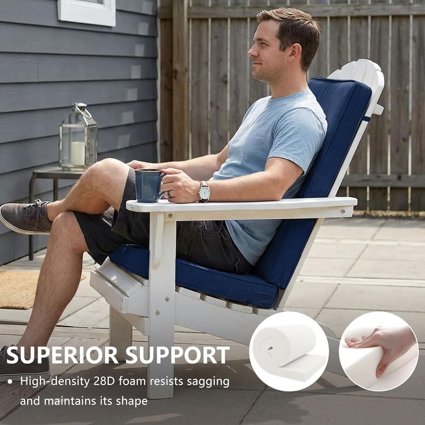 Adirondack Chair Cushions Set of 2 - Removable Covers, Water-Repellent & Fade-Resistant Faux Linen, Securing Straps, Non-Slip Bottom, Fit for Most Outdoor Adirondack & Rocking Chairs - Navy