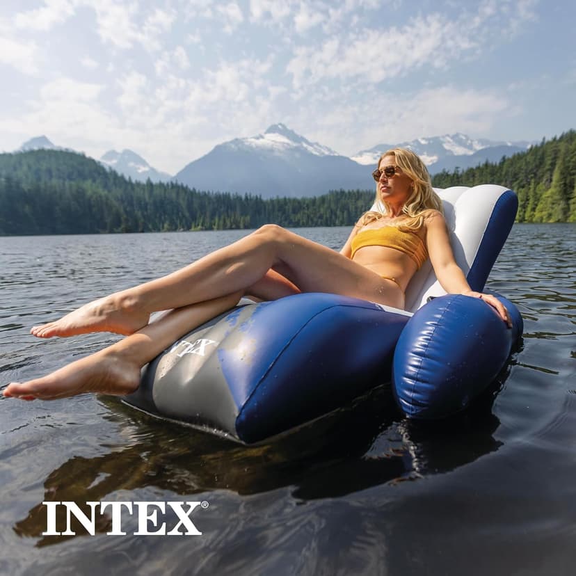Intex Inflatable Lounge Pool Recliner Lounger Chair with Cup Holders - Heavy-Duty Float Raft for Adults, 220 Lb Capacity Large Floating Tanning Chair
