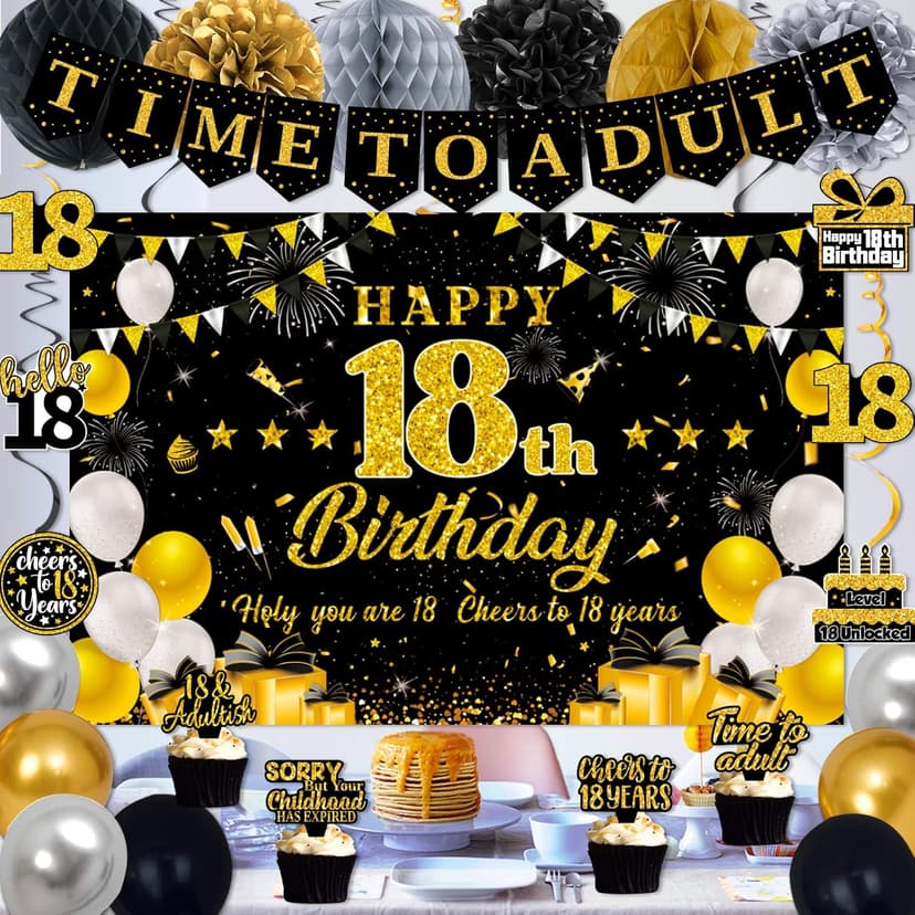 18th Birthday Decorations for Boys Girls, Black Gold Happy 18th Birthday Party Decorations, Time To Adult Birthday Banner, Backdrop, Balloons, Hanging Swirls, BIrthday Cards, Cake Topper, Pompom 52pcs