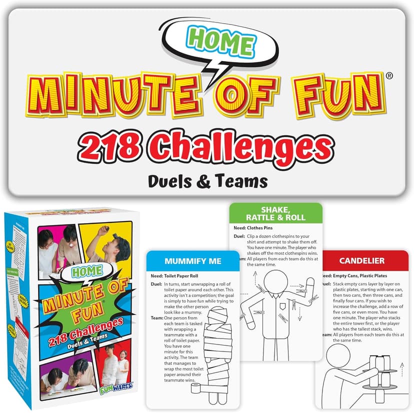 Funwares Home Edition, 218 Minute of Fun Games - Minute to Win It Family Party & Travel for Kids & Adults, 2-12 Players! Play with Everyday Household Items.