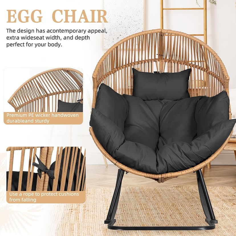 Vongrasig Wicker Egg Chair PE Rattan Rocking Chair with Cushion, Oversized Patio Lounge Rocker Chair for Outdoor, Indoor, Balcony, Backyard, Garden, Black