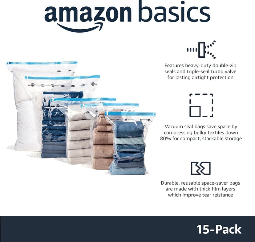 Amazon Basics Vacuum Compression Space Saving Storage Bags with Hand Pump for Clothes Packing, Pack of 15, Multiple Sizes, White