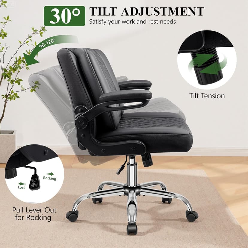 Criss Cross Office Chair with 2-in-1 Flip Backrest – Ergonomic PU Leather Floor Sitting Chair, Adjustable Height, 360° Swivel & Flip-Up Arms, Extra-Wide Seat for Home Office, Vanity, Nail Salon-Black