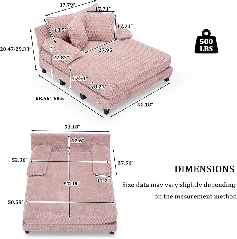 Faux Fur Chaise Lounge Indoor with Adjustable Backrest, 59 Inches Single Sleeper Sofa Chair with 3 Lumbar Pillows, Upholstered Oversized Lounge Chair for Living Room, Bedroom, Office