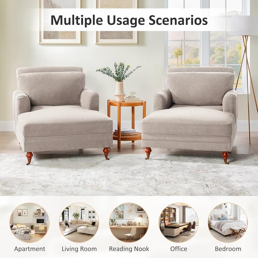 VANOMi 57.48'' Chaise Lounge Chair Indoor, Modern Chenille Chaise Lounge Couch with Adjustable Deep Backrest, Upholstered Leisure Recliner Chair for Living Room, Apartment, Bedroom, Camel Color