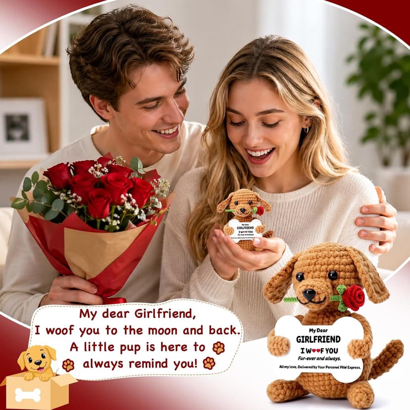 Funny Dog Mothers Day Girlfriend Gf Gifts, Anniversary Birthday Gifts for Girlfriend from Boyfriend, Mini Cute Cool Stuff Things Romantic I Love You Presents, Small Happy Crochet Rose Dog Puppy