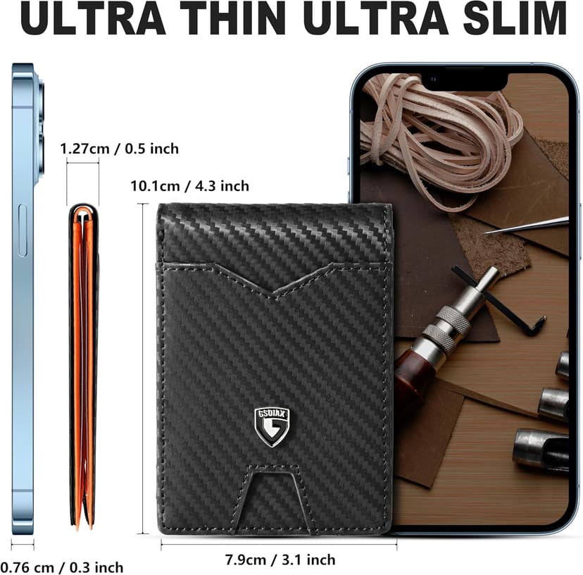 GSOIAX Slim Wallet for Men Rfid Blocking Leather Bifold Front Pocket Carbon Fiber Men's Money Clips Credit Card Holder With Gift Box B09P3QGR1D
