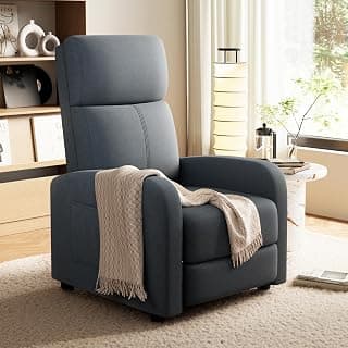 GarveeHome Linen Fabric Manual Recliner Chair, with Side Pocket, High Backrest, Thick Cushion, Adjustable Push Back Recliner,Cozy Lounge Chair for Living Room, Home Theater, Bedroom, Dark Gray