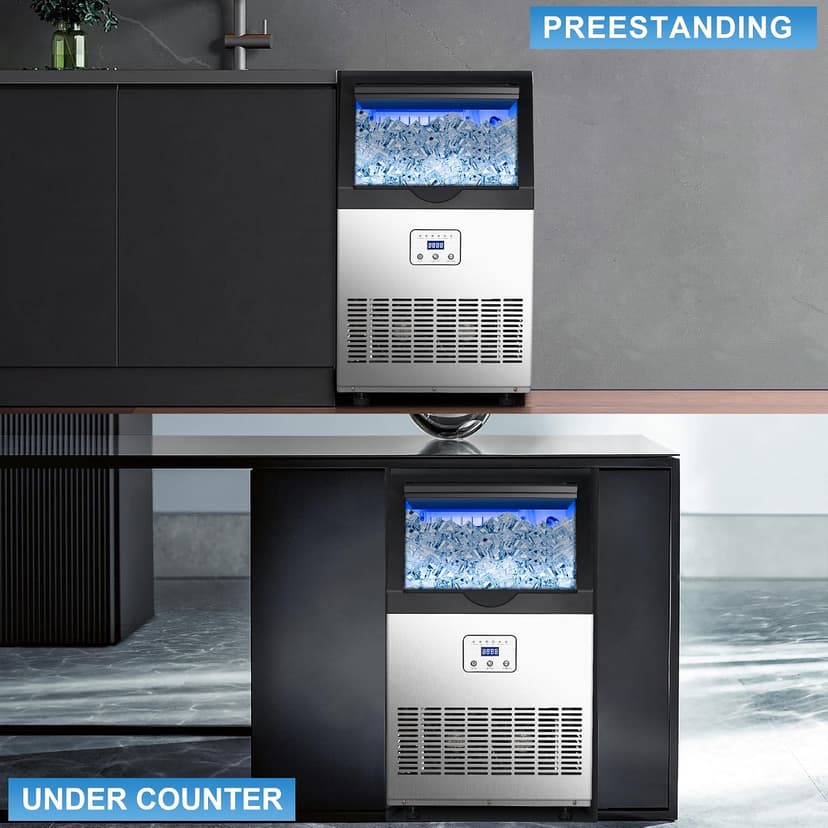 90LBS/24H Commercial Ice Maker Machine, Undercounter or Freestanding Stainless Steel Ice Machine with 25LBS Storage, 32 Cubes/Cycle, Self-Cleaning & Quiet Operation for Home, Bar, Restaurant