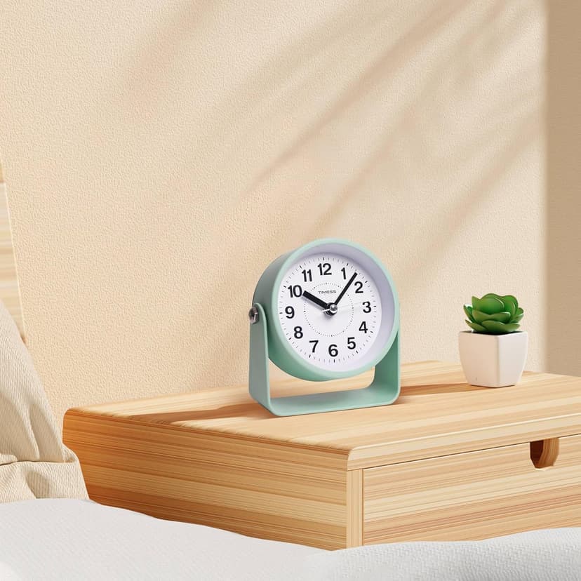 TIMESS Analog Alarm Clock, Silent Non-Ticking Quartz Movement, Battery-Operated with Snooze & On-Demand Light, Easy to Set Gentle Wake Bedside Desk Clock, Ideal for Home, Travel, Office (Green)