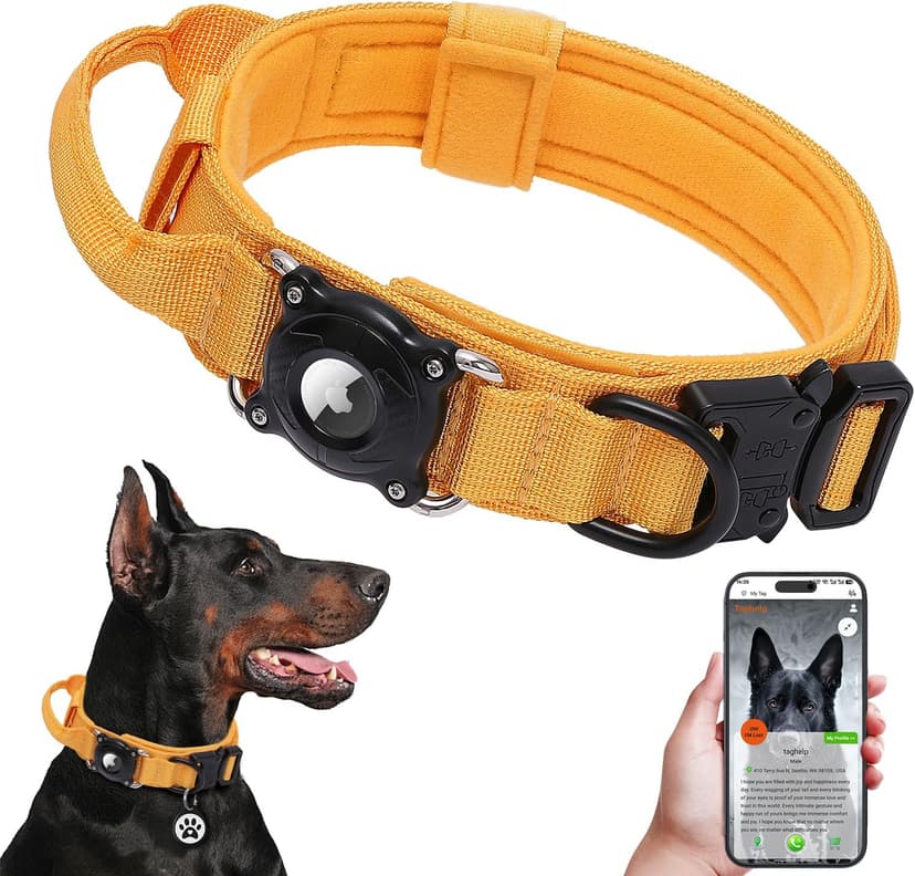 QR Code & AirTag Tactical Dog Collar - Military Grade Adjustable Reflective Collar with Control Handle, for Large Medium Dogs, Durable Nylon Metal Buckle (Yellow-L)