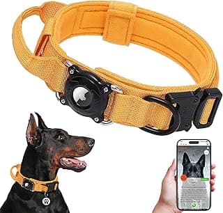 QR Code & AirTag Tactical Dog Collar - Military Grade Adjustable Reflective Collar with Control Handle, for Large Medium Dogs, Durable Nylon Metal Buckle (Yellow-L)