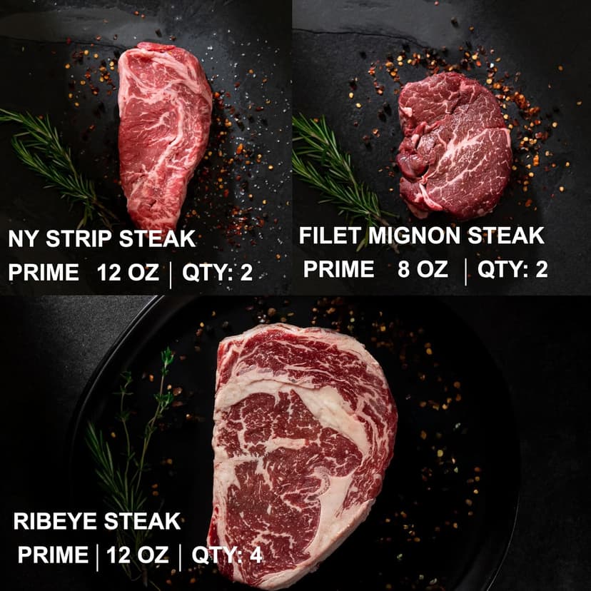 MeatWorks USDA Prime 8 Steak Assortment Box - (4 x (12 oz.) Ribeye, 2 x (12 oz.) NY Strip, 2 x (8 oz.) Filet Mignon) - Steak Gifts for Men