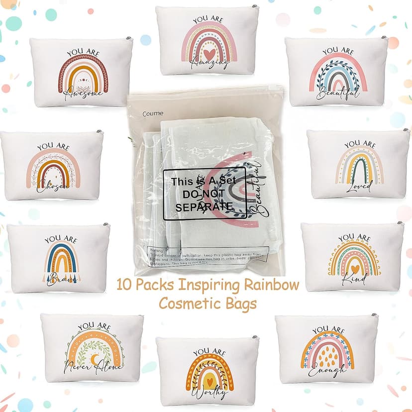 Coume 10 Pcs Rainbow Canvas Makeup Bags Bulk Inspirational Quotes Cosmetic Zipper Personalized Encouragement Travel Pouch Toiletry Bag for Women Girls Teacher Friend Birthday