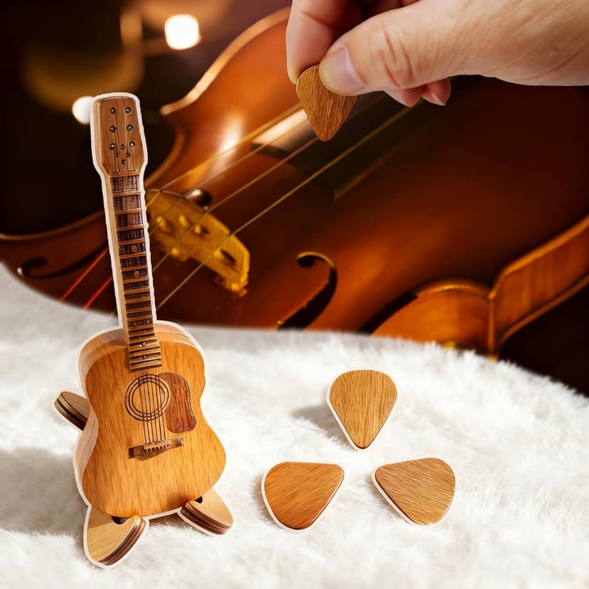 Doyyi Wooden Music Accessory Case with 3 Guitar Picks, Portable Holder and Storage Box for Plectrums - Thoughtful Gift for Guitar Players