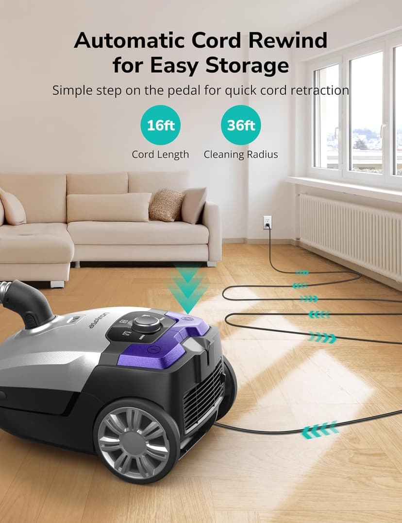 Canister Vacuum,1700W/45KPA Bagged Vacuum Cleaner,5L Large Capacity,Auto Cord Rewind,HEPA Filter,Low Noise,7.5M Cleaning Radius,Variable Power Control,Easy to Push,Hard Floor,Pet,Carpet,Upholstery,Car