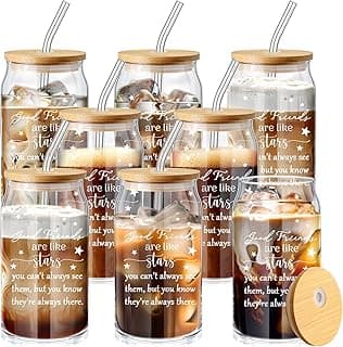Zhehao 8 Pack Friendship Gifts for Women Friends Gifts Bulk 16oz Iced Coffee Glasses with Bamboo Lids and Straws for Sister Friend Holiday Birthday Party Drinking