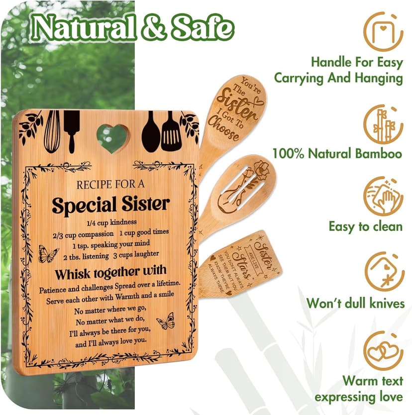 Gifts for Sister - "Recipe for a Special Sister" Sister Birthday Gifts Cutting Board Set, Bamboo-Made Engraved Utensil Set Sister Gifts, Birthday Gifts for Sister from Sister