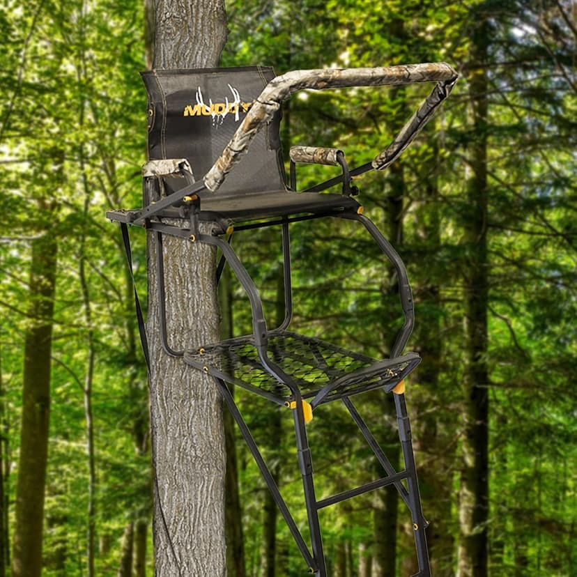 MUDDY 1-Person Huntsman Deluxe Steel Ladder Tree Stand, 17 ft Tall, 300 lb Capacity - Heavy-Duty Hunting Treestand with Lumbar Support Seat, Flip-Back Adjustable Shooting Rail & Silencer Technology