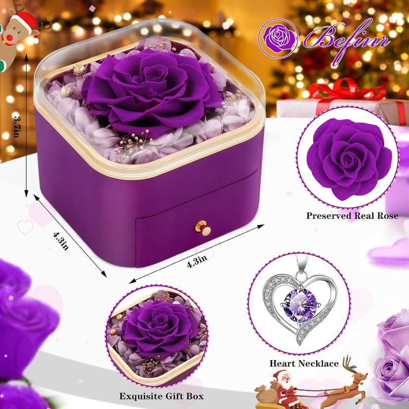 Beferr Birthday Gifts for Women Mom Preserved Real Rose with Necklace Eternal Roses Fresh Flowers for Delivery Prime anniversary Purple Gifts for Grandma Wife Daughter Sister
