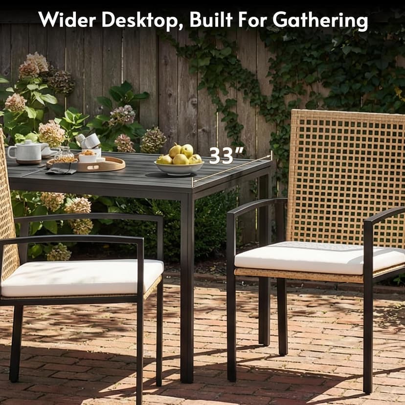 7-Piece Outdoor Dining Set for 6, Patio Dining Set with Hand-Woven Wicker Chairs & Cushions, 60" x 33" x 30" Wider Aluminum Woodgrain Table for Deck, Garden, Backyard
