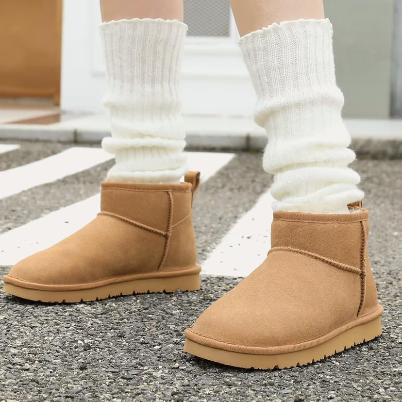 OOW 100% Genuine Suede Ankle Low Boots for Women Short Winter Snow Boot with Cozy Fur Lined