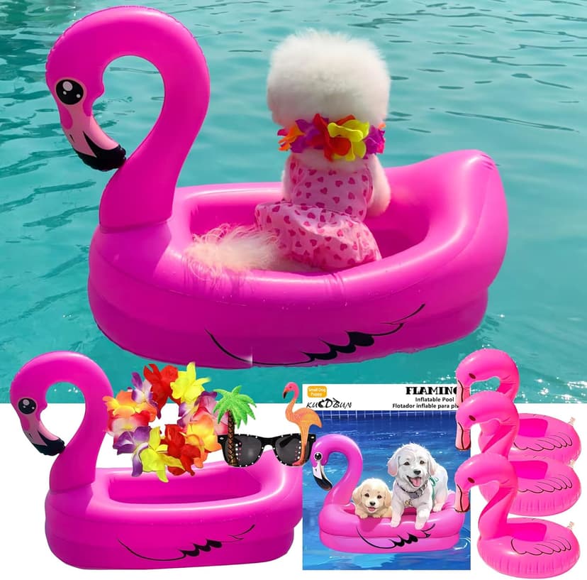 Dog Pool Float, Funny 6-in-1 Inflatable Dog Floats for Pool, Pet Floatie Raft for Small Dogs, Puppy and Doggies, Pink Flamingo