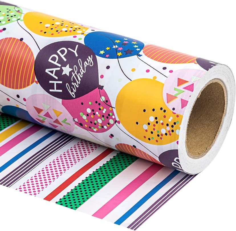 WRAPAHOLIC Reversible Birthday Wrapping Paper - Mini Roll - 17 Inch X 33 Feet - Colorful Balloon with Confetti Design for Birthday, Holiday, Party, Baby Shower B0BJ6V38SZ