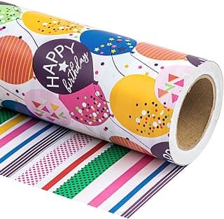 WRAPAHOLIC Reversible Birthday Wrapping Paper - Mini Roll - 17 Inch X 33 Feet - Colorful Balloon with Confetti Design for Birthday, Holiday, Party, Baby Shower B0BJ6V38SZ