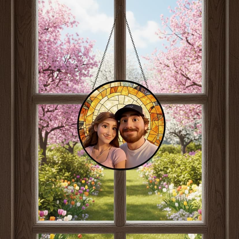 Personalized Couple Glass Cartoon Portrait Suncatcher, Custom Photo Art Window Hanging, Stained Glass Style Gift for Couples, Anniversary Wedding Gift for Valentine