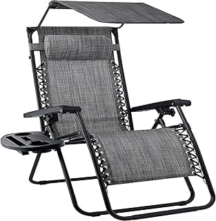 Best Choice Products 30” Wide Folding Zero Gravity Outdoor Recliner Patio Lounge Chair w/Adjustable Canopy Shade, Headrest, Side Accessory Tray - Gray