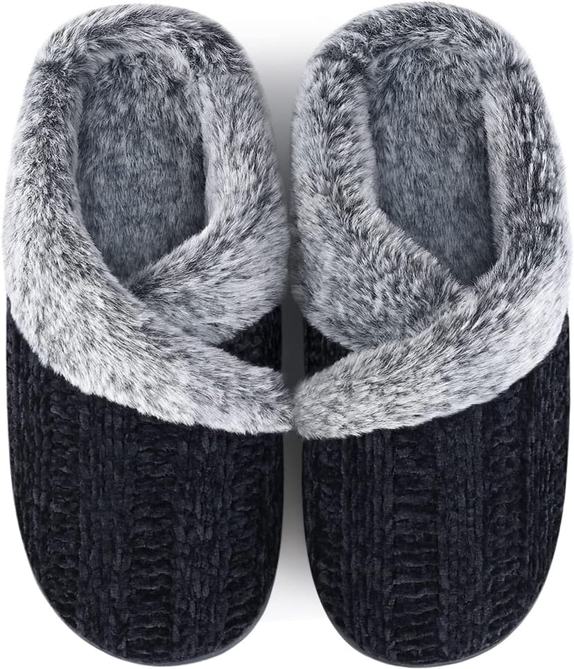 Homitem Slippers for Women Fuzzy House Slip on Indoor Outdoor Bedroom Furry Fleece Lined Ladies Comfy Memory Foam Female Home Shoes Anti-Skid Rubber Hard Sole