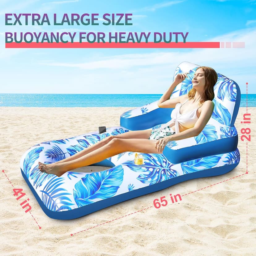 Pool Floats Adult, Pool Floaties with Cup Holder and Phone Holder, Pool Lounger Float with Headrest, Backrest and Footrest, 65" Thicken PVC Inflatable Pool Float for Adult Pool Party Beach Cool