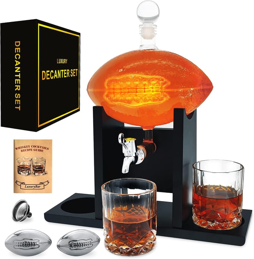 Football Whiskey Decanter Set with Glasses Spout Football Chiller,47oz Whiskey Decanter Sets for Men,Tequila Liquor Decanters for Alcohol Bourbon Gifts for Men Gifts for Dad Boyfriend Him Husband
