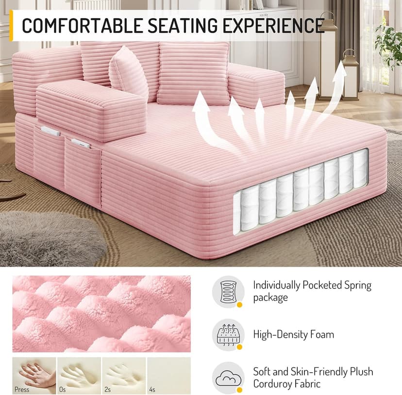 2 in 1 Corduroy Chaise Lounge Chair Indoor, 60'' Oversized Boneless Sofa Chaise Lounge with Pocket, Plush Cozy Deep Seat Couch Chair for Living Room, Bedroom, Small Spaces, RV (Pink)