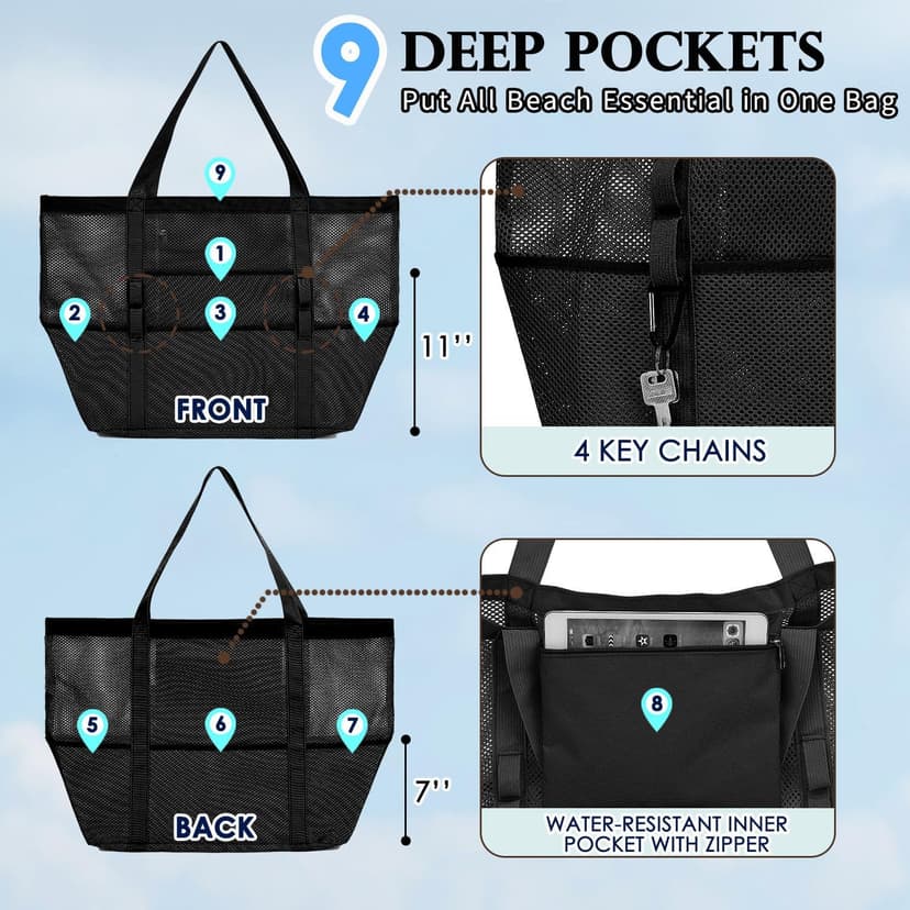 Fammart Mesh Beach Bag, Large Beach Tote with Zipper Pocket, Toys Pool Bag for Family Travel Vacation Cruise Essentials