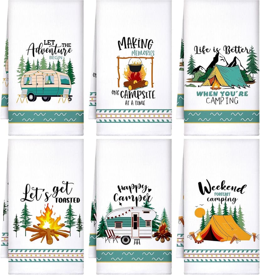 Bonfire Tent Car Tea Towels 24 x 16 Inches with Funny Sayings Novelty Gifts for Rv Campers Camping Accessories Boyiee Set of 6 Camping Kitchen Towels White Absorbent Dishcloth Gifts B0C49SFWRR