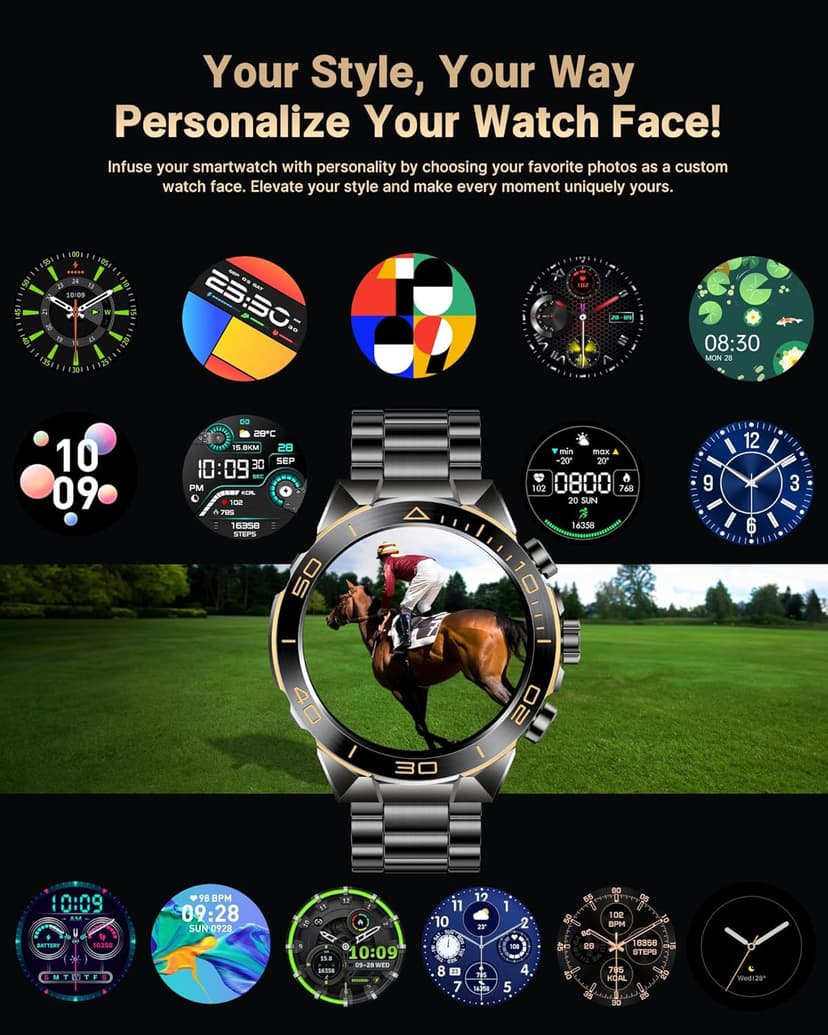 SOUYIE Smart Watch for Men Answer/Make Call for Android iPhone, 1.43" AMOLED HD Screen Mens Luxury Watch, 400mAh Heavy Duty Smartwatch Heart Rate Blood Oxygen Blood Pressure Sleep Monitor Pedometer, 2 Straps