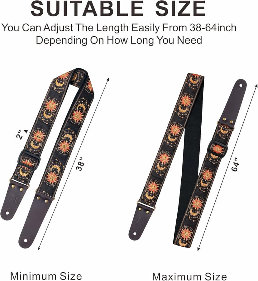Nefelibata Guitar Strap, Sun & Moon Embroidery Guitar Straps with Head Cowhide Leather Ends for Bass, Electric & Acoustic Guitars, Free Strap Button, 1 Pair Strap Locks and 4 Guitar Picks