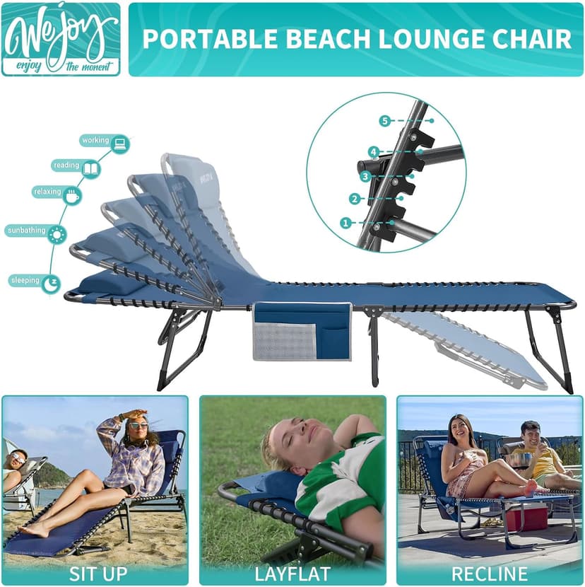 #WEJOY Folding Lounge Chair Outdoor, 5-Position Adjustable Sunbathing Tanning Chair with Shoulder Strap & Side Pocket, Heavy Duty Reclining Chair for Patio Pool Camping, Portable Folding Bed Cot,Blue