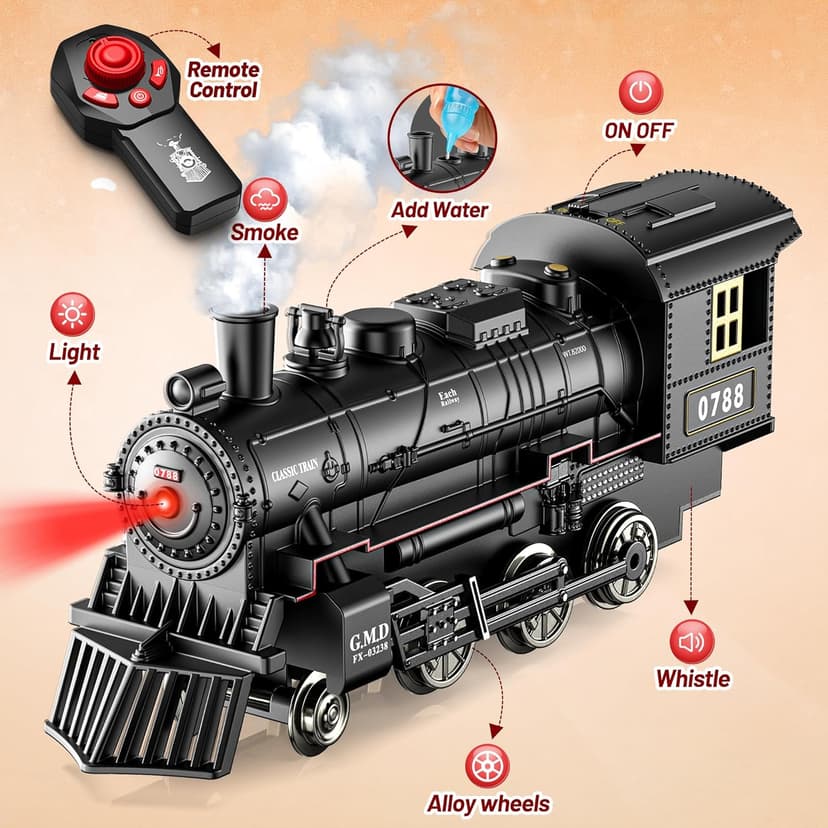 Hot Bee Train Set, Remote Control Train Toys with Luxury Track & Glowing Passenger Carriages, Metal Christmas Tree Train with Smoke, Light and Sound, Toy Train Set for 3 4 5 6 7+ Years Old Boys Gifts