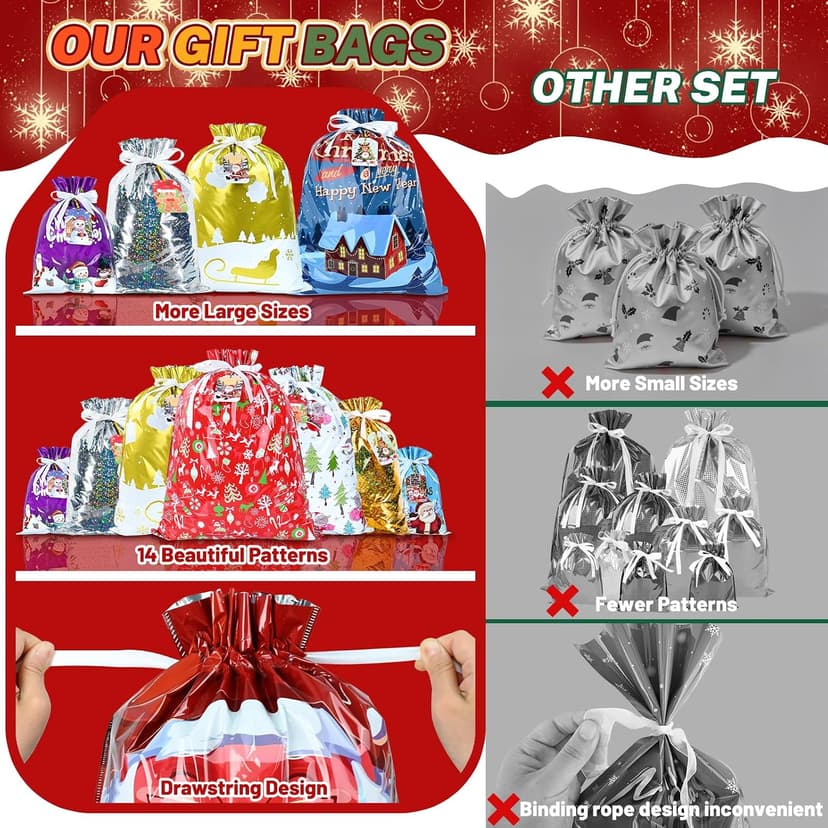 14 Styles Colorful Xmas gifts Bags with 20 Cards for Gifts Holiday Present Wrapping Xmas Decor 20 Pcs Christmas Drawstring Gift Bags, Assorted Sizes with More Large Bag. B0H7MP6FX5