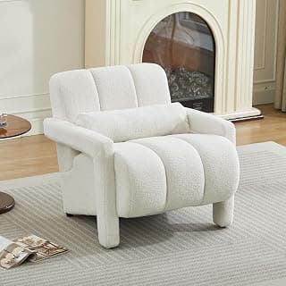LOULENS Lambswool Accent Chair, Modern Upholstered Sherpa Accent Chair, Comfy Teddy Single Armchair with Pillow for Living Room, Bedroom (Beige, Backrest Under The Cushion)