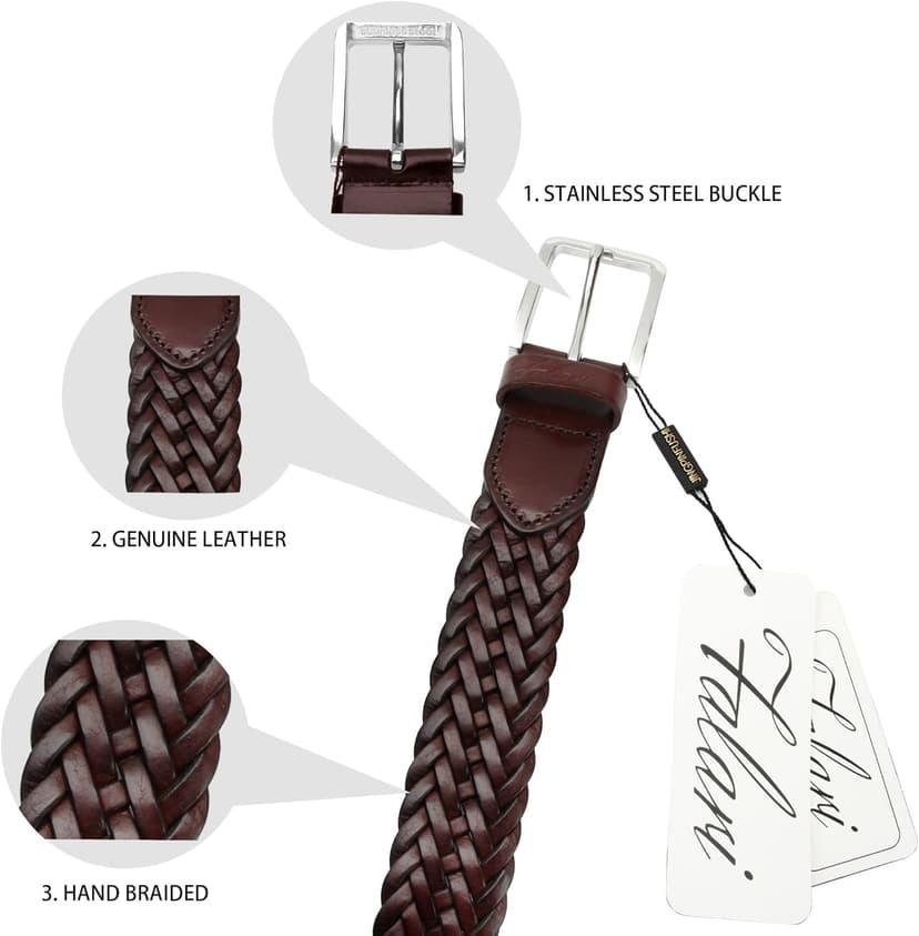 Falari Men's Braided Belt 100% Genuine Leather Stainless Steel Buckle 35mm