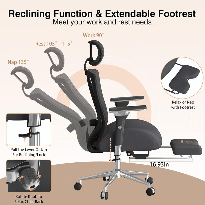750lbs Big and Tall Office Chair with Wide Thick Seat Cushion,Ergonomic Mesh Chairs for Heavy People,Computer Desk Chair with 4D Armrests,Adjustable Lumbar Support for Long Hours Daliy Work,Grey