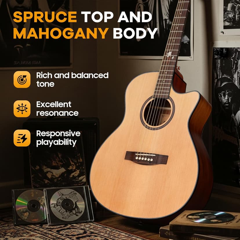 CAHAYA Acoustic Guitar Beginner Set - 41" Full Size Spruce Top Mahogany Body with Okoume Neck Rosewood Fingerboard, GA Cutaway Design, Balanced Rich Tone with Gig Bag, Strap, Capo, Strings & Picks